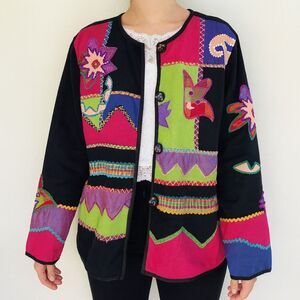 VTG Y2K Allure Jacket Women Small Patchwork Multicolor Toggle Artsy Teacher Coat